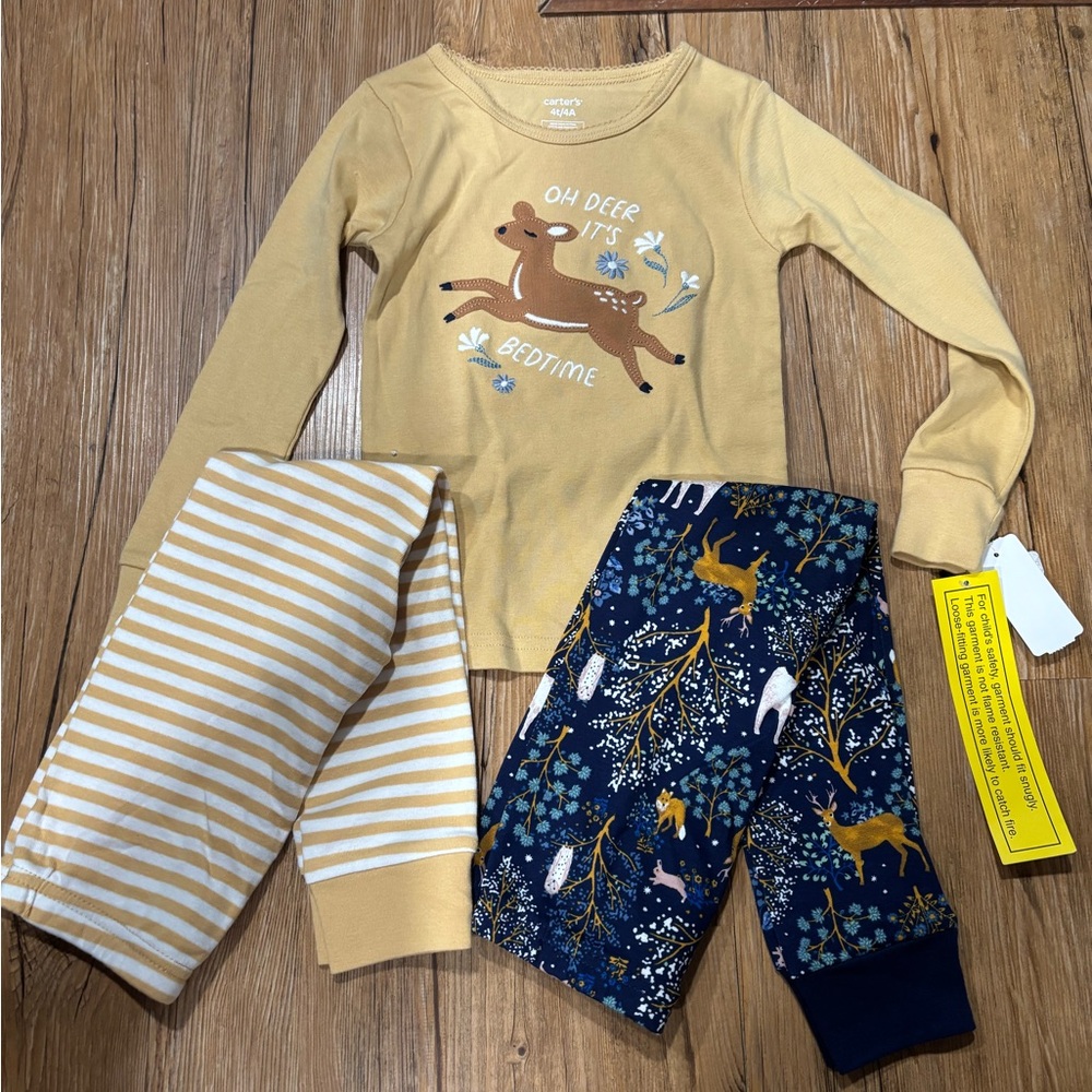 NWT Carter's Deer 3 piece Cotton Pajama Set 4T Toddler Girls PJs Woodland Theme